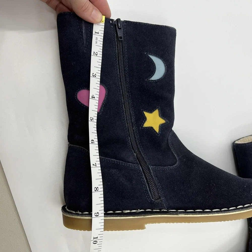 NEW Boden Suede Applique Boots Girls 4.5 Navy‎ Blue Hearts Stars Moon Zip Up